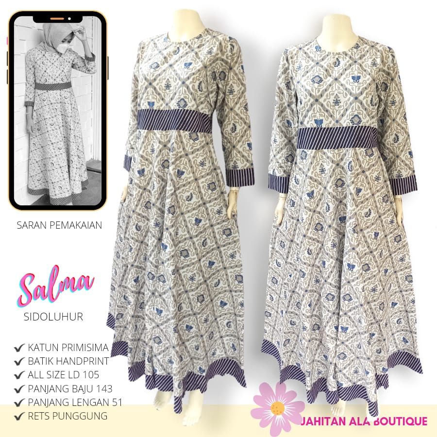 SALMA SIDOLUHUR - Gamis Batik Wanita Ramadhan, Gaun Koleksi Lebaran, Longdress Batik Kombinasi
