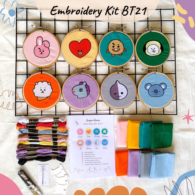 Embroidery Kit BT21 - BTS - Kpop [ Cooky Shooky Van Tata Mang Koya RJ Chimmy ] Paket sulam tangan