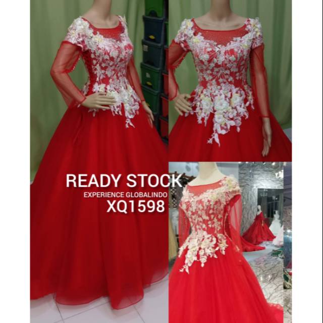 Jual Gaun Pengantin Mewah Lengan Panjang Merah XQ1598