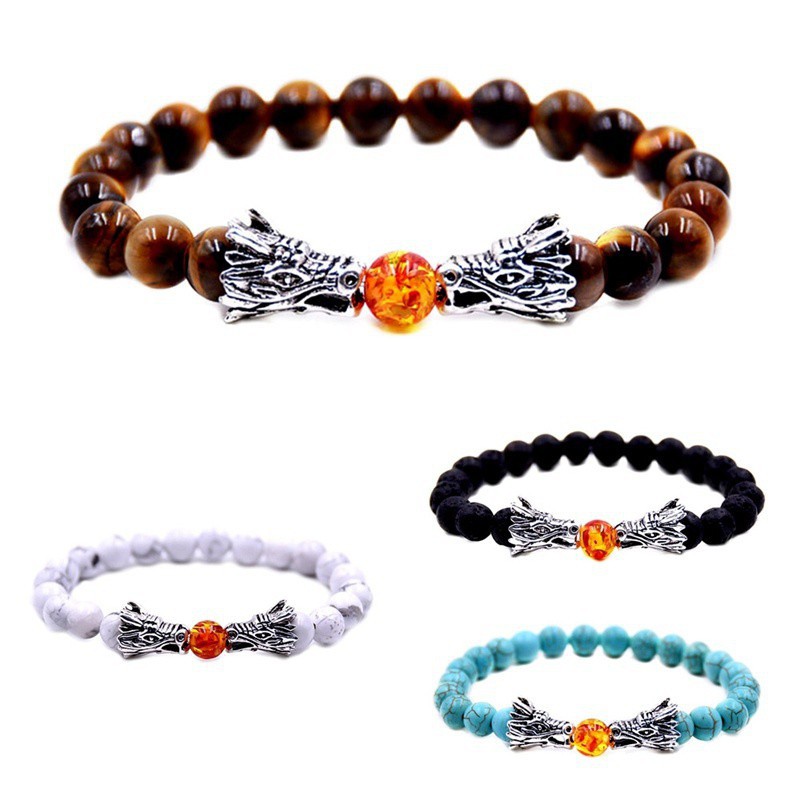 Women Mens Beads Bracelet With Steel Dragon Heads