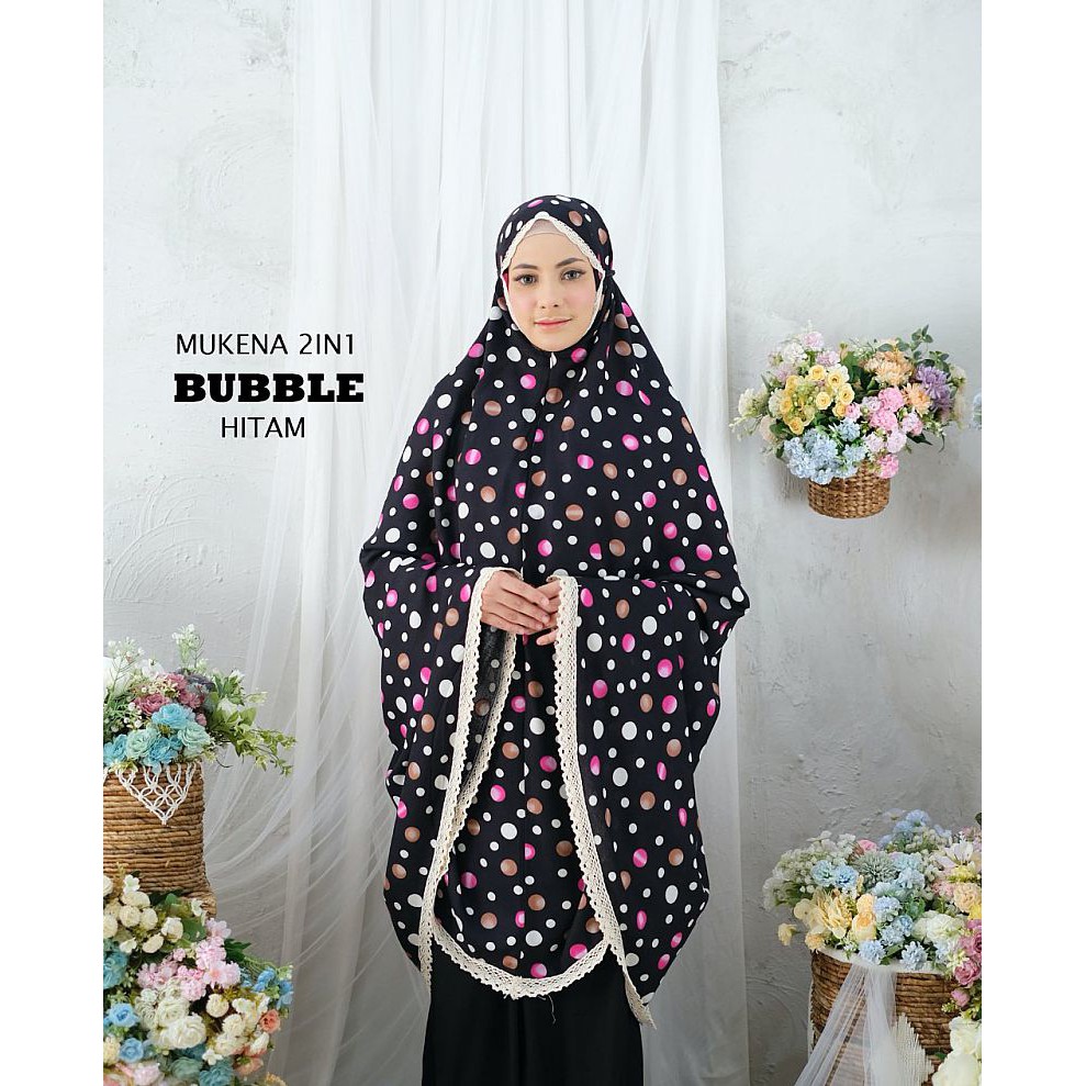 Mukena Dewasa 2in1 Bahan Rayon Adem Motif Bubble Polka Hitam Polkadot Cantik