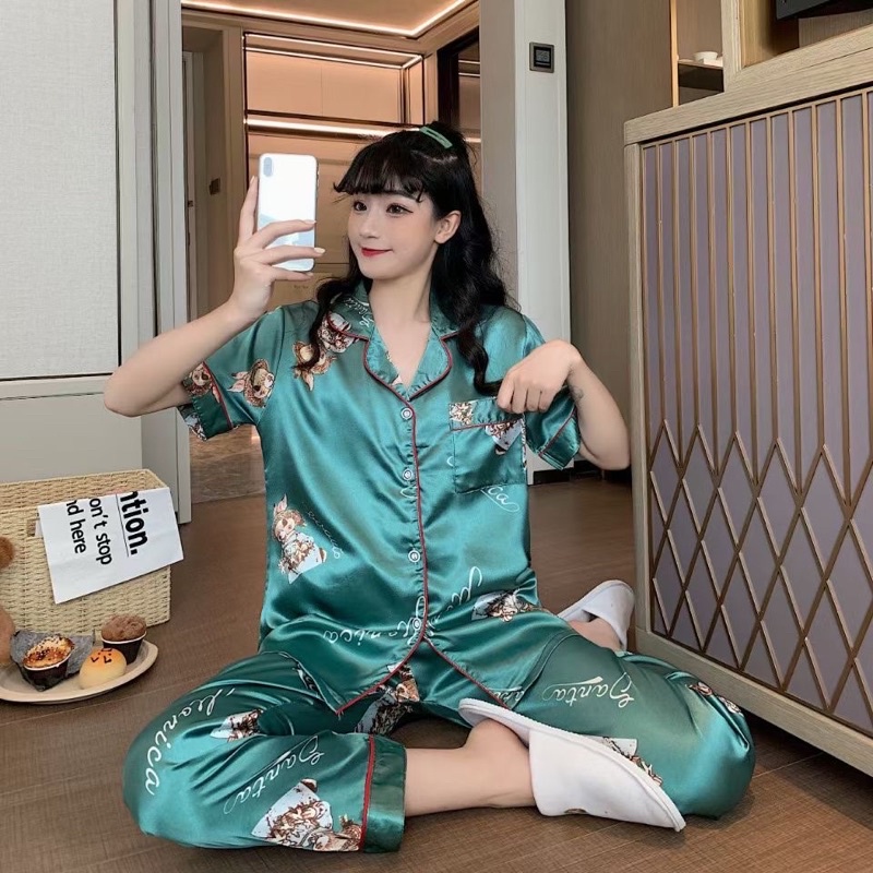 DC Piyama Satin Lengan Pendek Celana Panjang Import Quality-dc Rabbit Green