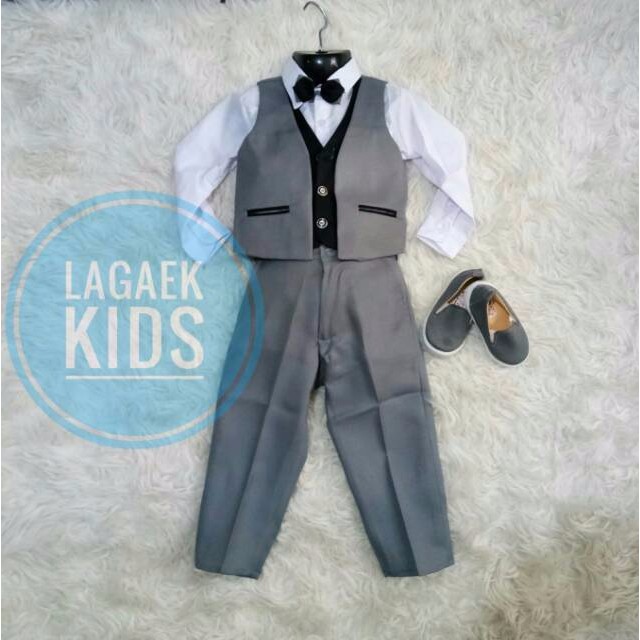 Setelan Resmi Bayi Anak Laki Usia 3 6 bulan 1 2 Tahun Vest ABU PREMIUM - Setelan Pesta Anak Cowok Dasi Set Vest GREY Lengkap