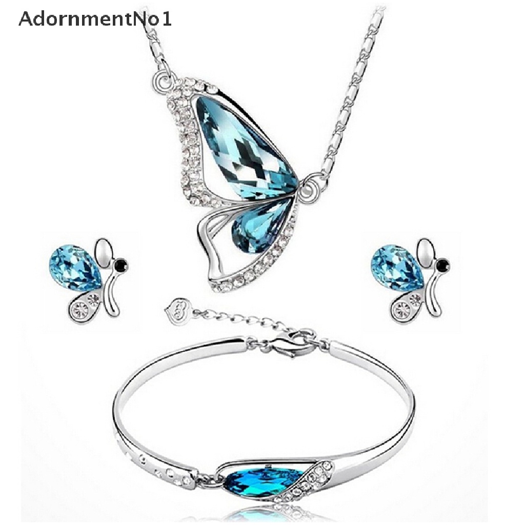 (AdornmentNo1) Set Perhiasan Kalung + Anting + Gelang Kristal Butterfly Untuk Wanita