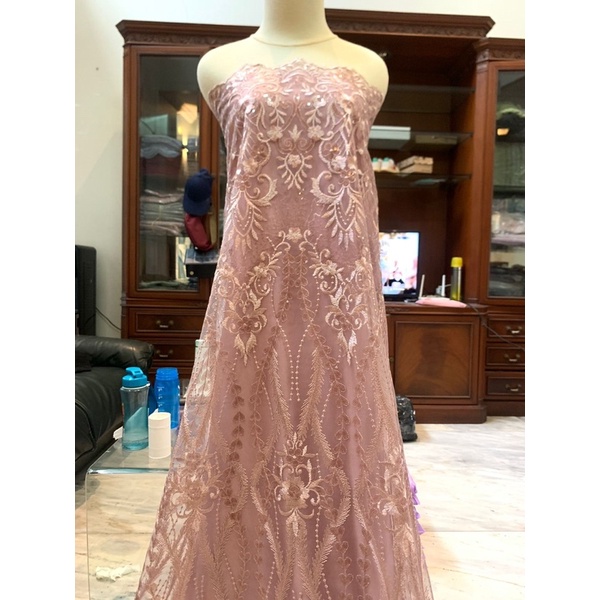 Bahan Kebaya Brokat Tulle Payet Gloria Exclusive Warna Rose Gold