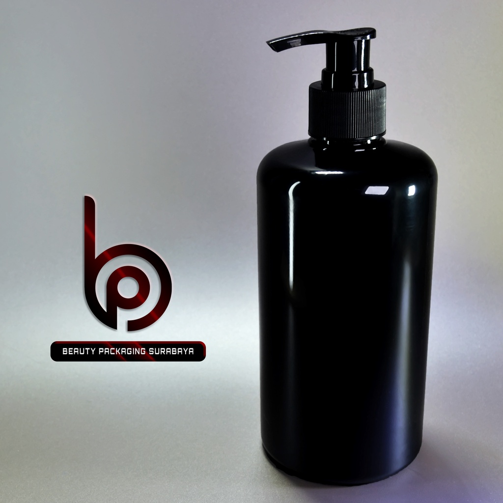 Botol plastik PET 500ml BR 28mm hitam tutup pump lotion