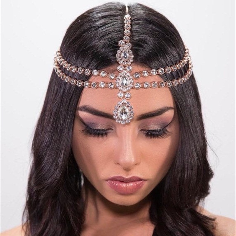 Rantai Rambut Dahi Berlian Imitasi Model Multilayer Gaya Etnik