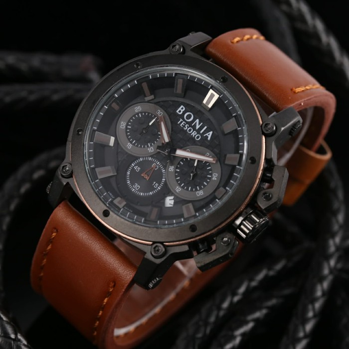 Jam Tangan Pria / Cowok Bonia Chrono Sk7255 Leather Brown