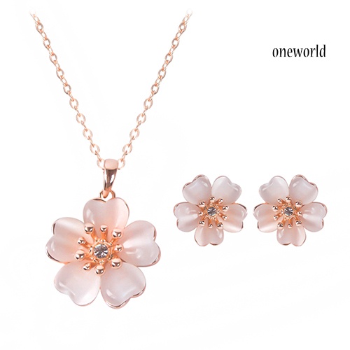 OW@ 2Pcs Fashion Women Faux Opal Flower Pendant Necklace Stud Earrings Jewelry Set