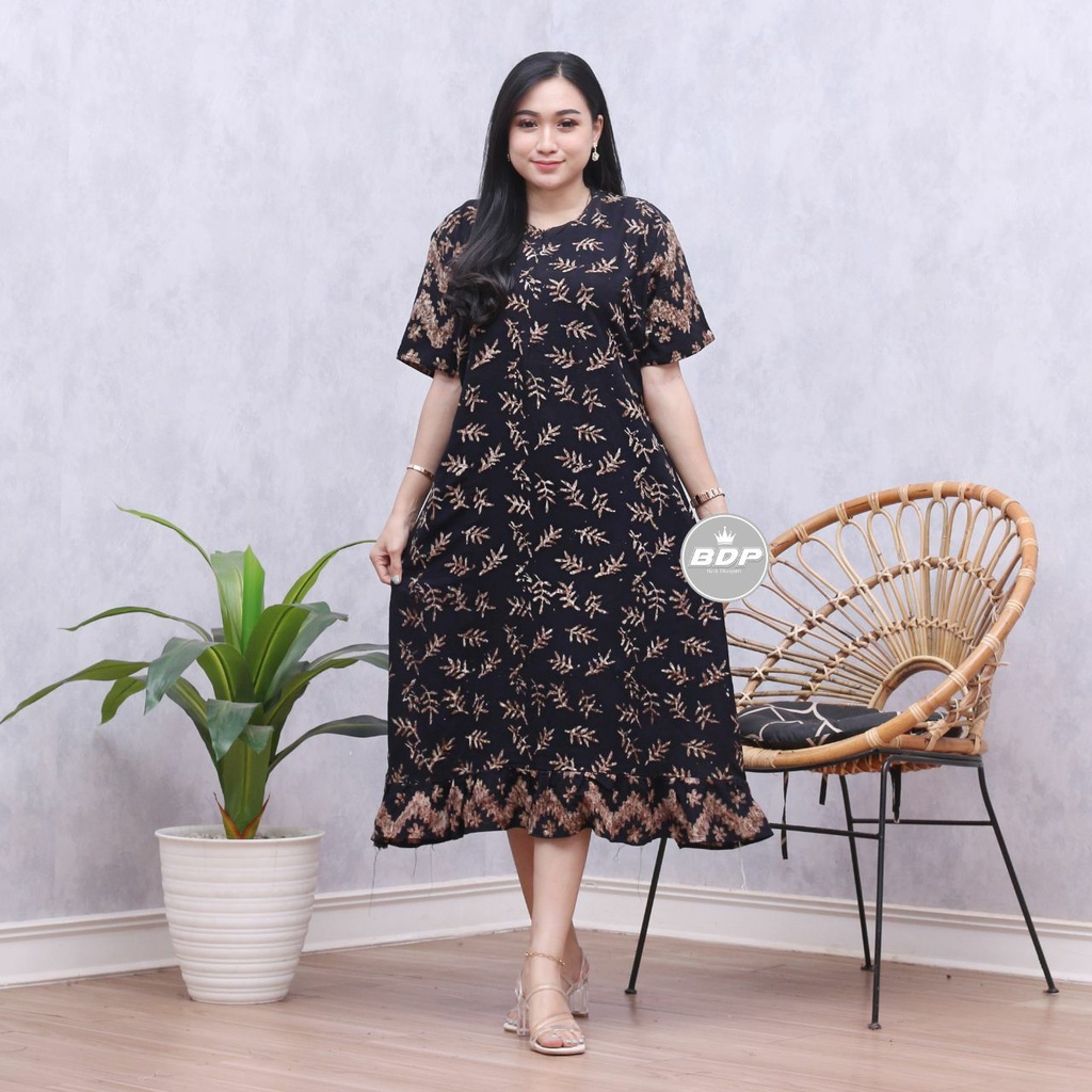 Dianputri - Daster Maura Batik Cap Rayon Grade A Motif Terbaru Busui Resleting Depan - Baju Tidur Daster Kekinian-rintik hitam