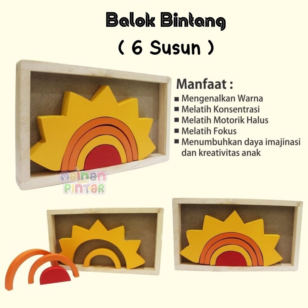 Mainan Kayu Edukasi Anak Balok Pelangi / Balok Bintang/ Balok Bulan / Balok Matahari / Balok Awan / Balok Iqro Bisa COD