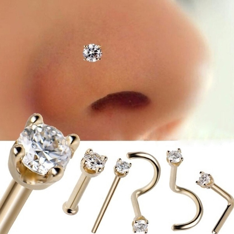 1 Set Pack  Zircon Gem Bone Nose Stud Piercing Earring / Round Diamond CZ Nose Rings