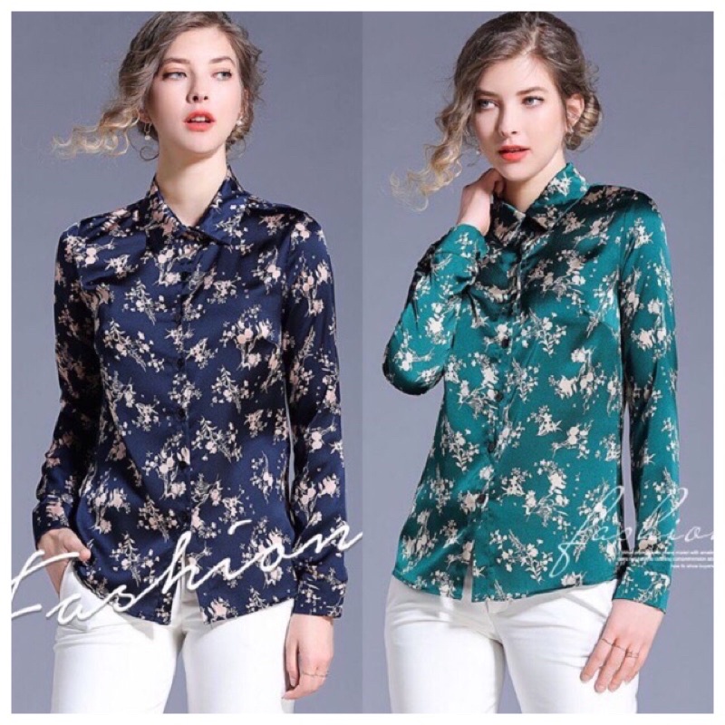 SALE  KEMEJA ATASAN WANITA LENGAN PANJANG PREMIUM IMPORT PRINTING BLUE BOLD STORY / GREEN SILKY