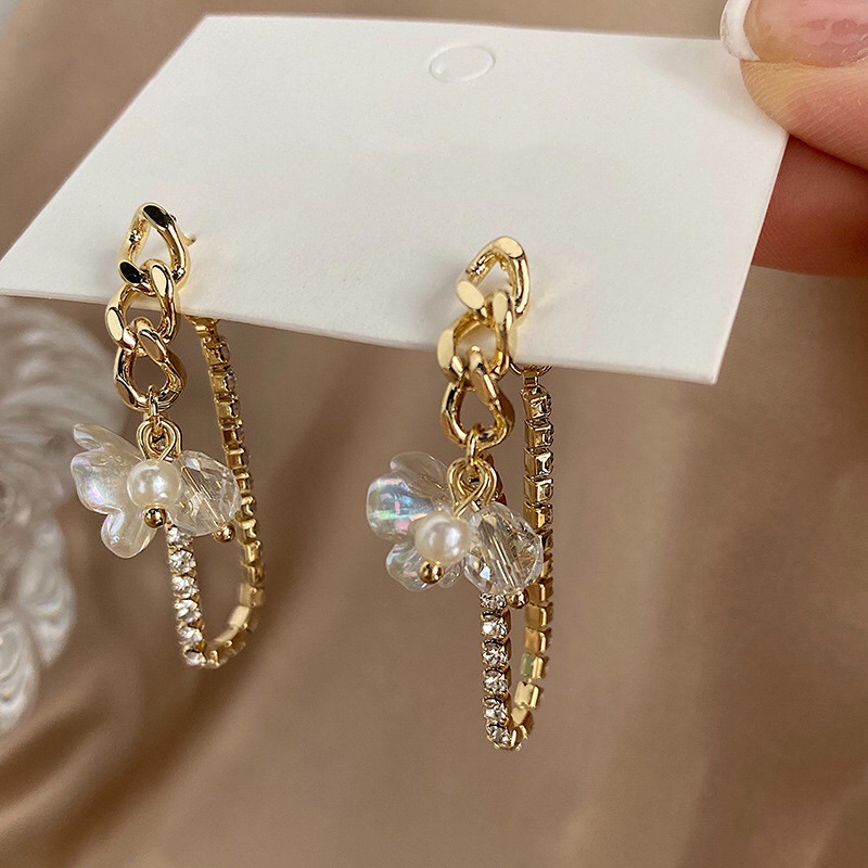 Mutiara Bunga Rantai Berpohon Anting Wanita Korea glitter Berlian Aksesoris