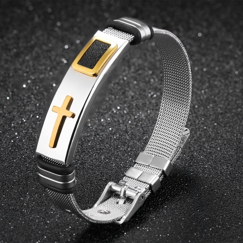 [Z H Perhiasan] Hip Hop Rock Retro Pria Fashion Stainless Steel Silikon Salib Gelang Pesta Perhiasan Aksesoris 17.5 Cm~21 cm