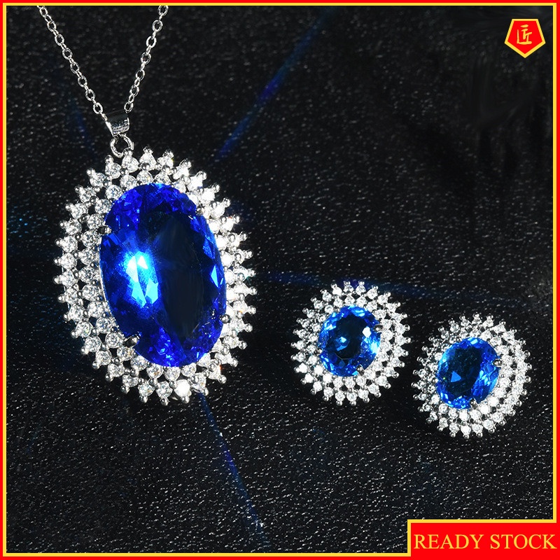 [Ready Stock]Luxury Double Layer Full Diamond Necklace Set Rings Stud Earrings