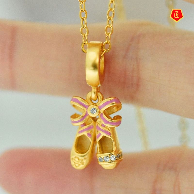 [Ready Stock]Fashion Creative Ballet Shoes Jeweled Pendant Pink Bow Gold Necklace Lucky Beads