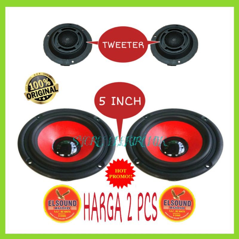 Promo 2 PCS 5 INCH Speaker Woofer Elsound Merah +2 Pcs Tweeter Original