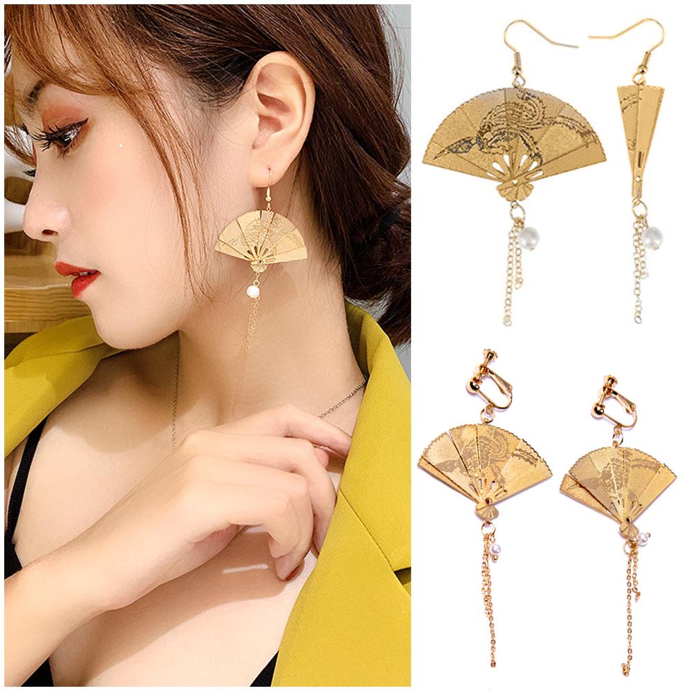 R-flower 1pasang/set Anting Kipas Lipat Wanita Fashion Perhiasan Berpohon Mutiara Panjang Drop Jumbai Gaya Cina