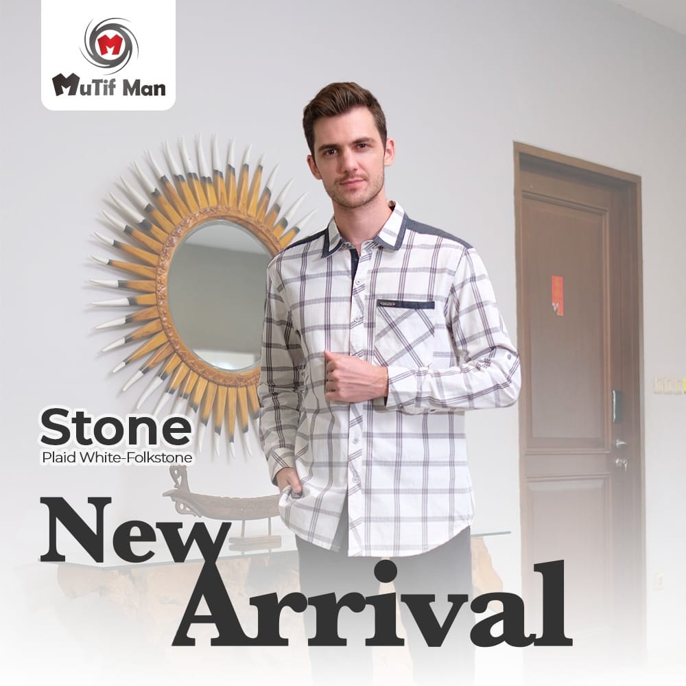 ES - (COD) Baju Koko Pria MUTIF MAN STONE Plaid White - Folkstone | Baju Pria Panjang - Kemeja Pria 