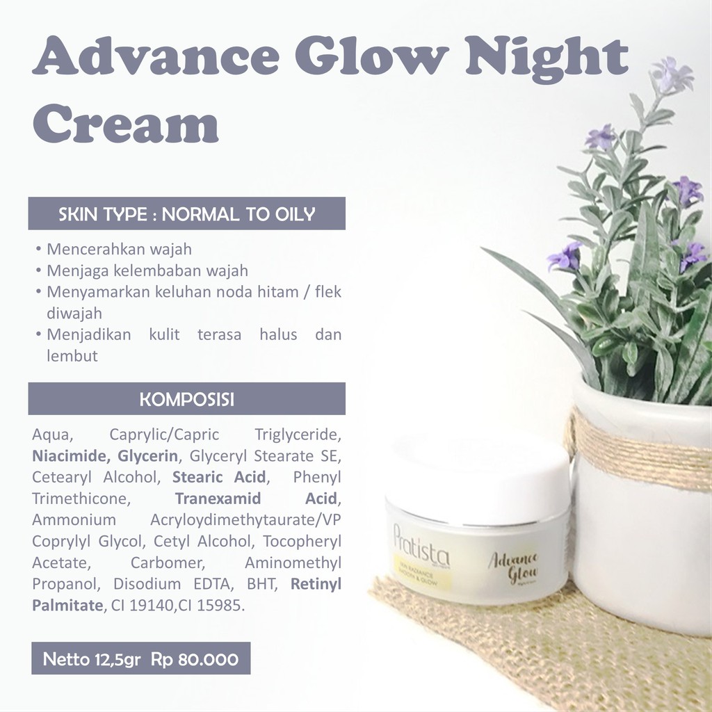 Pelembab Wajah Pratista Cream Malam Advance Glow Night Cream Skincare Pencerah Wajah Glowing Krem Malam Ori BPOM