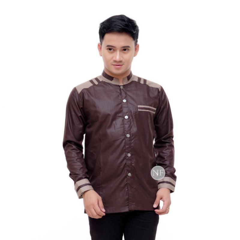 BAJU KOKO PRIA COWOK LENGAN PANJANG M L XL WARNA COKLAT SUSU COKLAT TUA POLOS LEBARAN KONDANGAN