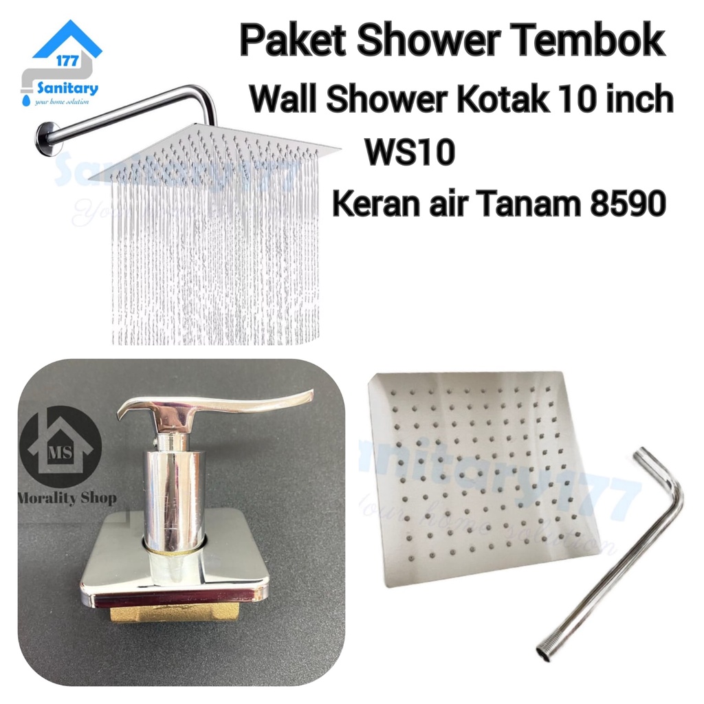 Paket Shower Tanam Tembok WS10 + Stop Keran air Tanam Augusto 8590 - Set Shower Pancuran Mandi Kotak 10inch