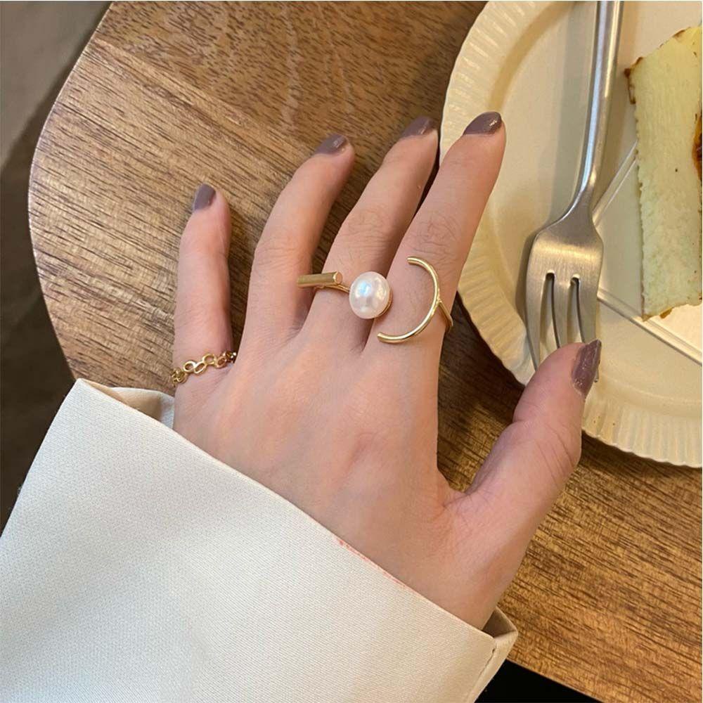 3pcs / set Cincin Jari Bahan Alloy Aksen Mutiara Gaya Korea Untuk Wanita