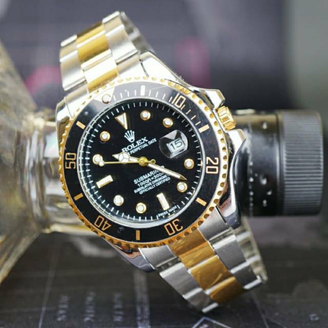 Jam Tangan Rolex Pria Tanggal Aktif Ring Putar Water Resist - Silver kombinasi Gold Hitam