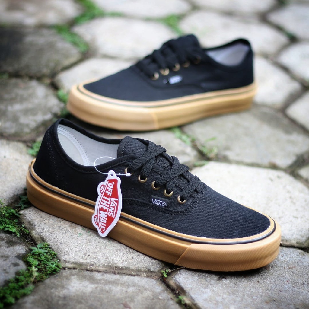 PROMO Sepatu Sneakers Vans Authentic Black Rubber Gum Premium, Upper Kanvas, Metal Eyelet, Waffle DT Anti Slip, Tag Made in China