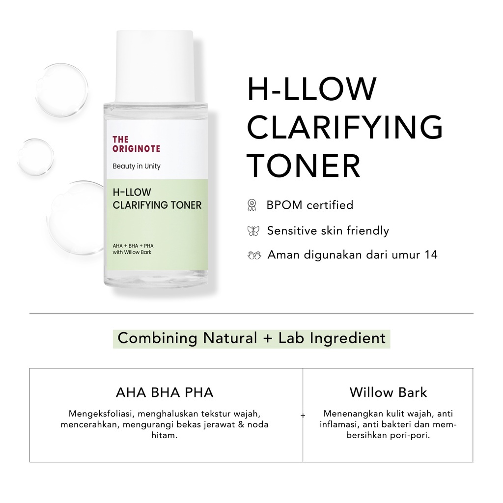 (READY) The Originote H-llow Clarifying Toner 80ml - Exfoliating Toner dan Hydrating Toner with AHA BHA PHA and Willow Bark