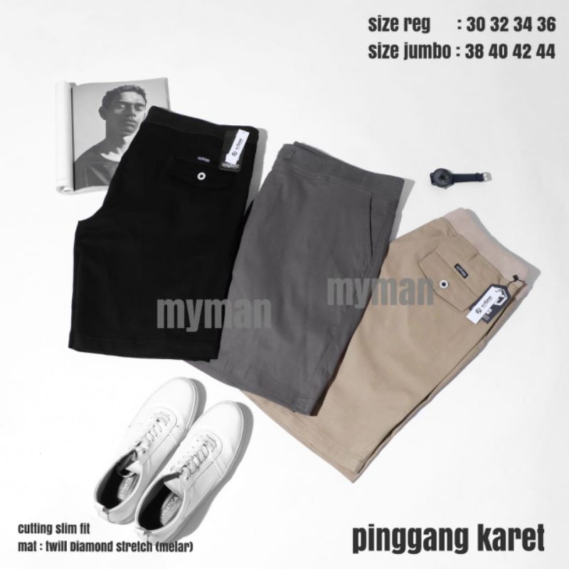 Celana Jumbo Pria Wanita Chino Pendek JUMBO 38 - 44 - street melar katun twill Pinggang Karet (023)