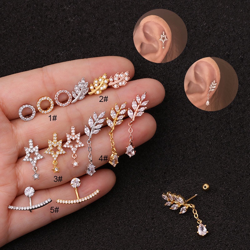 1Pc Trendy Cute Shiny CZ Circle Leaf Star Ear Studs Helix Piercing Cartilage Earring