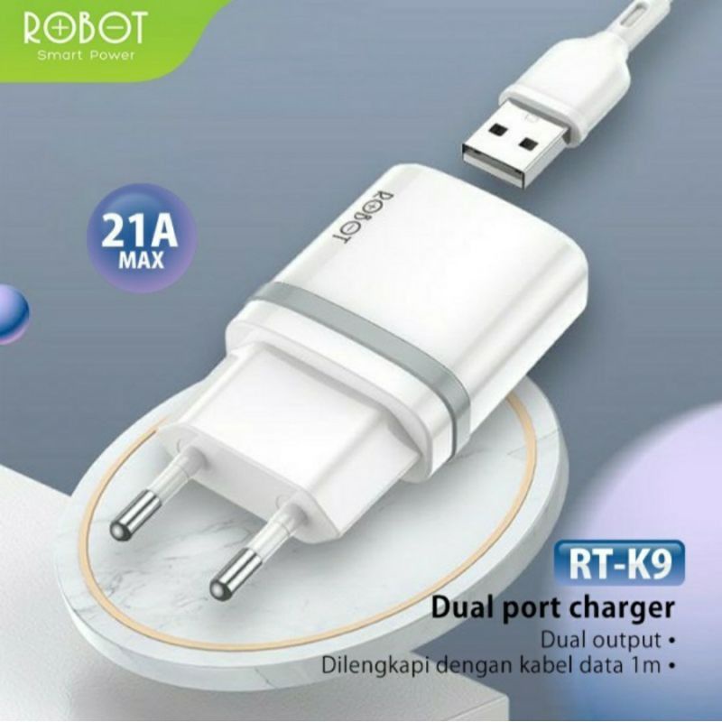 SATUAN KEPALA CHARGER ROBOT RTK9 RT-K9 12W 2.1A FREE KABEL DATA MIKRO USB MICRO 1M 100CM GARANSI RESMI BARU PUTIH