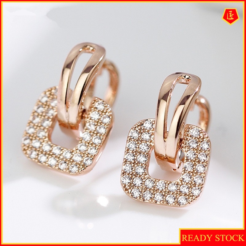 [Ready Stock]Rose Gold Square Crystal Earrings Fashion Temperament