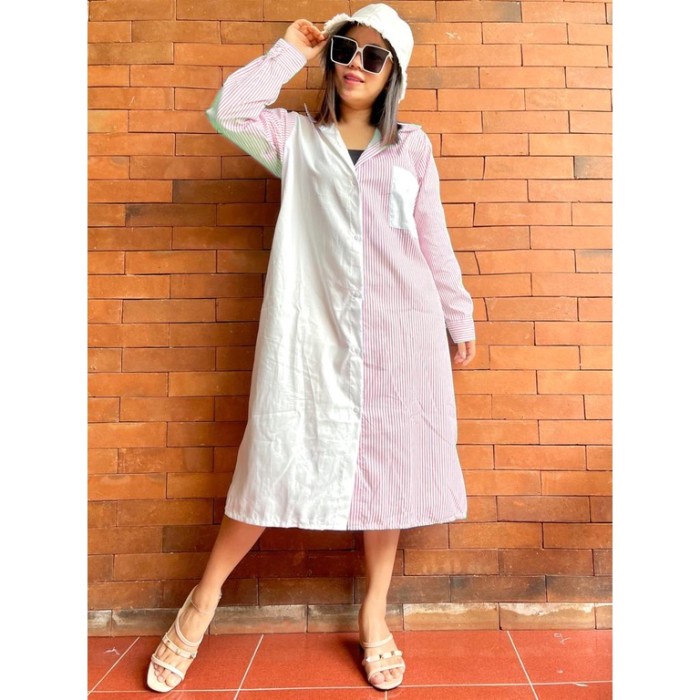 Tunik Wanita disa mix salur kombinasi kotak square strip long dress salur pink T3N9 Terlaris Termura