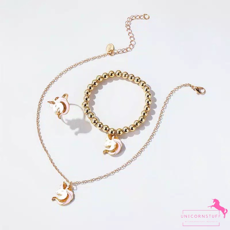 Gelang Kalung Cincin Unicorn 3in1 Anak Perempuan Kado Set Hadiah Ulang Tahun Gold Kado Souvenir Cewek Lucu Karakter