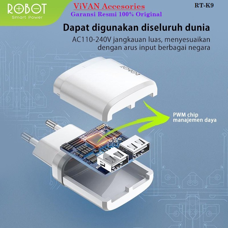 Robot Charger RT-K9 12W Dual Port 2,1A Adaptor + Micro USB Cable kabel