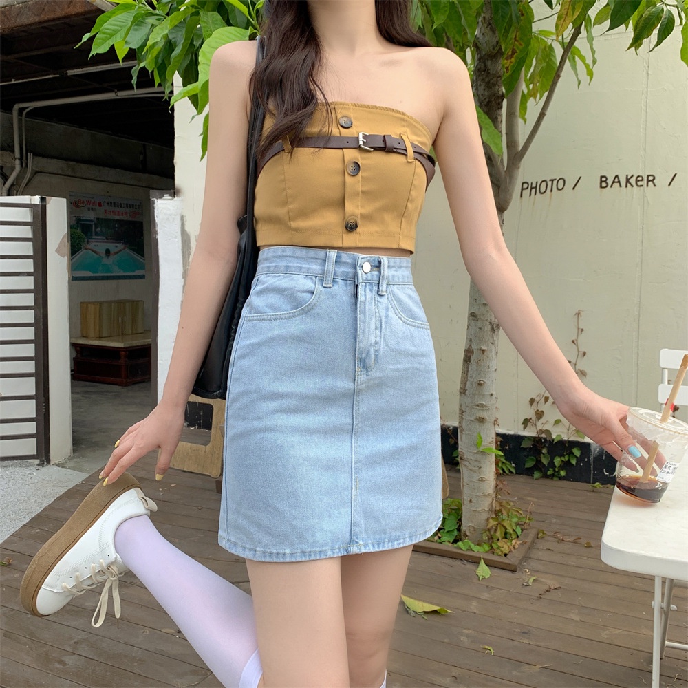 Skirt Denim Rok Pendek High Waist Wanita Motif Bunga Bordir Desain Pinggang Tinggi A-Line Rok