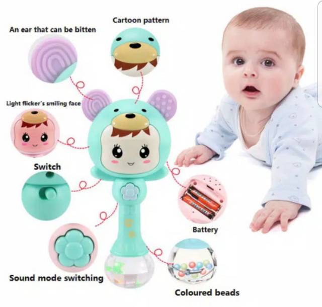 1234OS Mainan Bayi Tongkat Rattle + Teether+ Musik + Lampu Kelap Kelip.