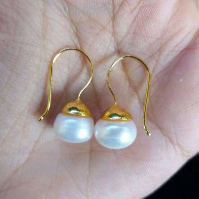 Anting perak murni sepuh emas 18 karat dgn mutiara asli