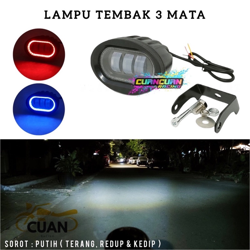 LAMPU SOROT LED OWL 3 MATA LENSA DAYMEKER RING BIRU/MERAH