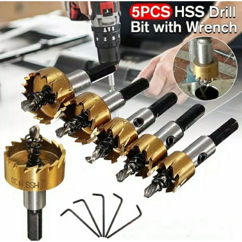 mata bor pelubang besi PVC kayu / mata bor hole saw besi set 5pcs HSS titanium metal