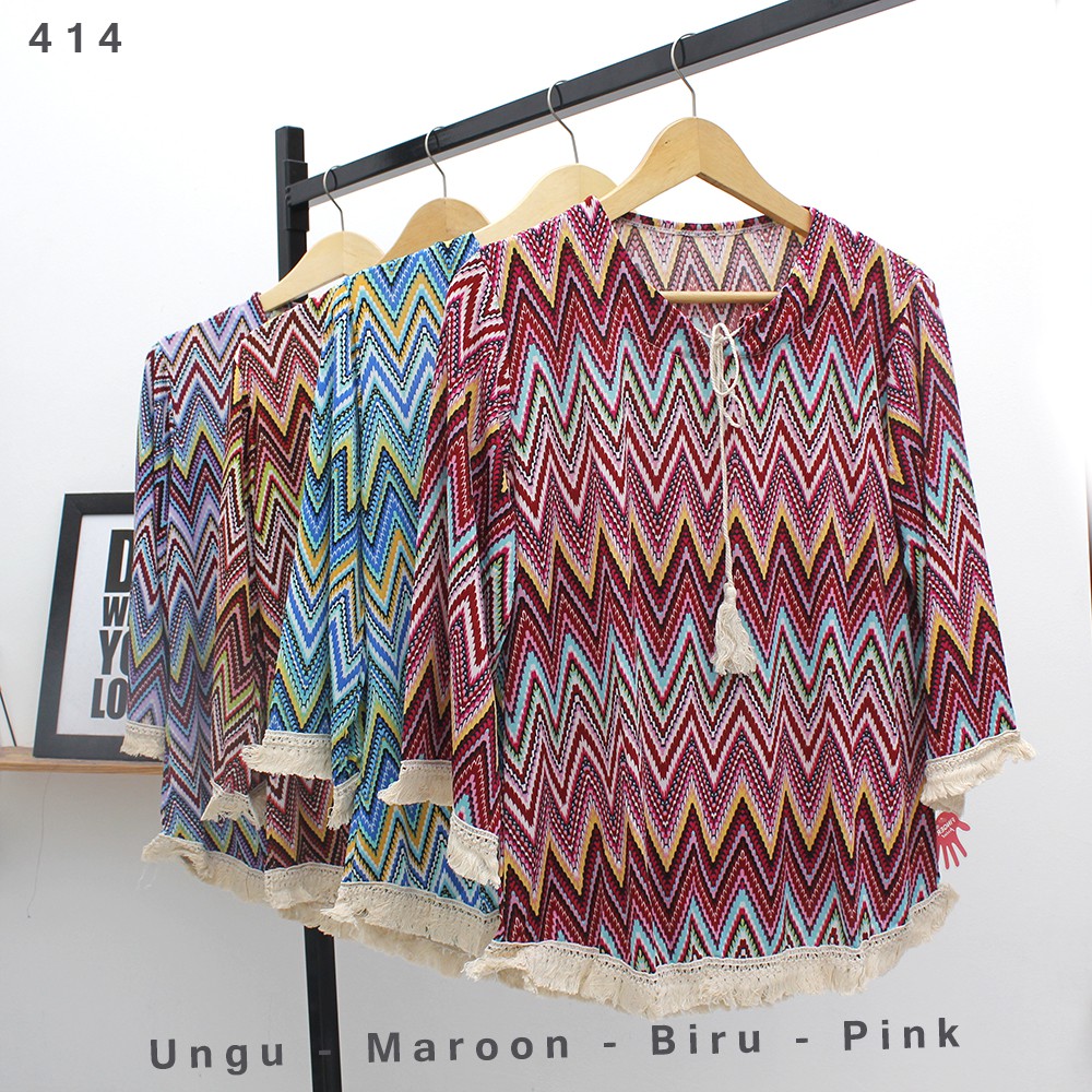 JakartaFashion - blouse atasan tribal etnic bohemian rumbai cream boho lengan 7/8 bahan jersey adem