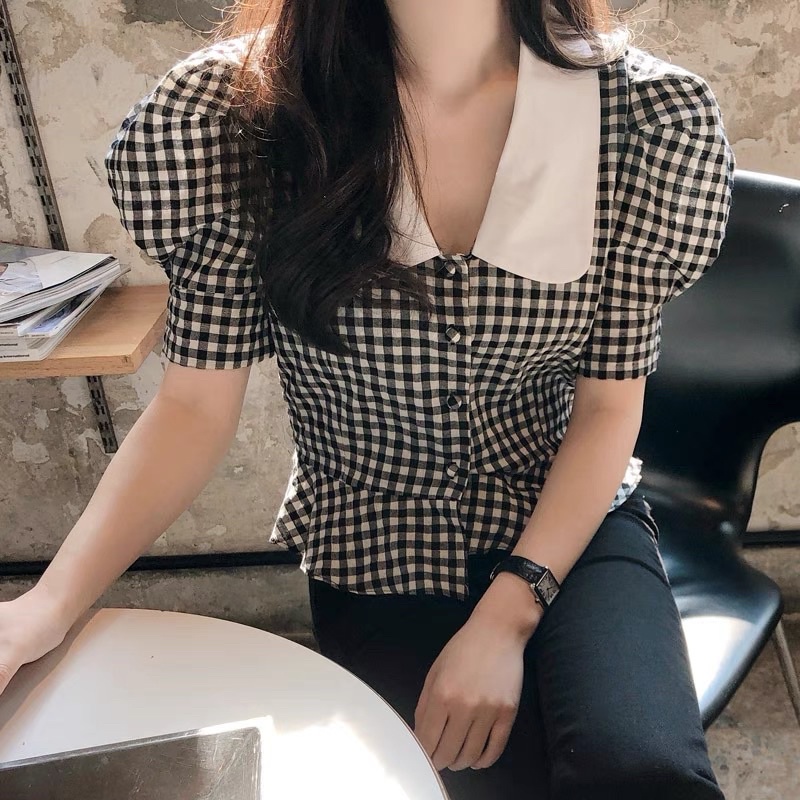 [ready stock] serri collar top | atasan hitam putih kotak kotak plaid ruffle blouse gaya korea santai casual