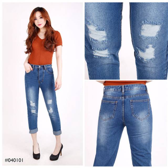 Celana Boyfriend Ripped Jeans Wanita