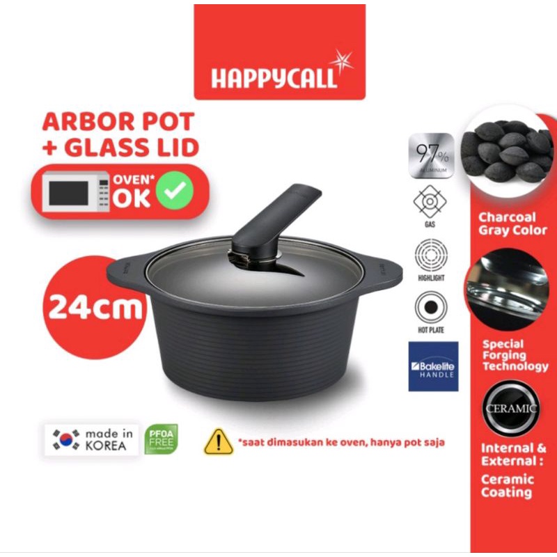 Happycall Arbor Pot 24cm High Grey + Glass Lid Free silicone Lid