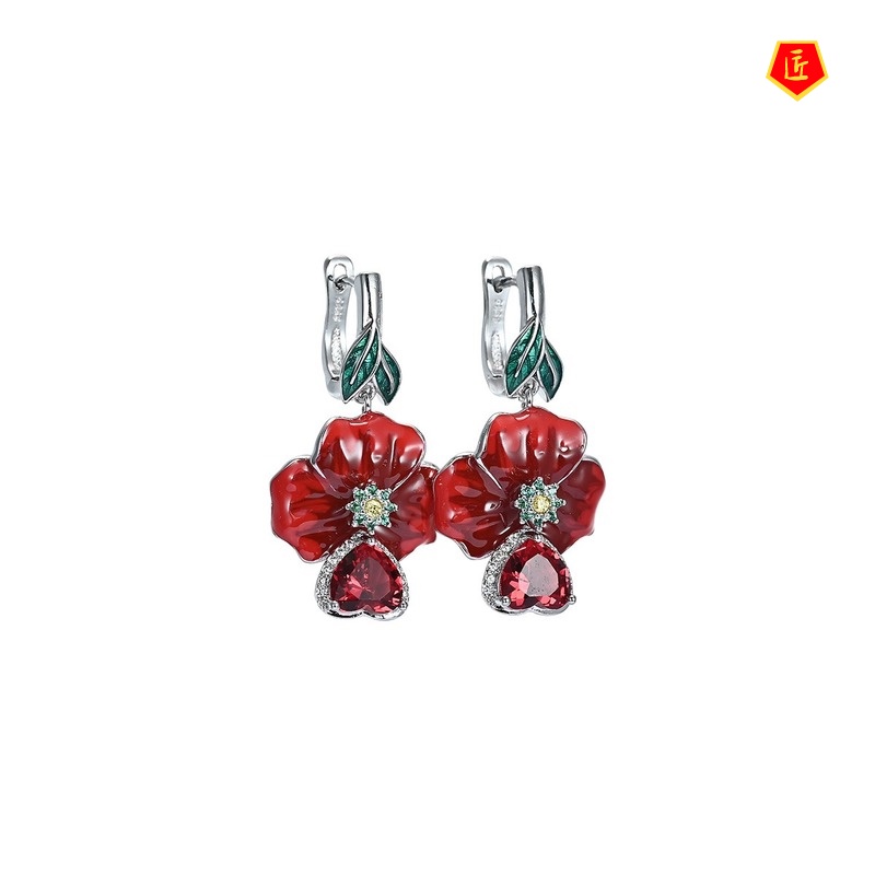 [Ready Stock]Exaggerated Rose Ruby Heart-Shaped Ring Earrings Pendant Set