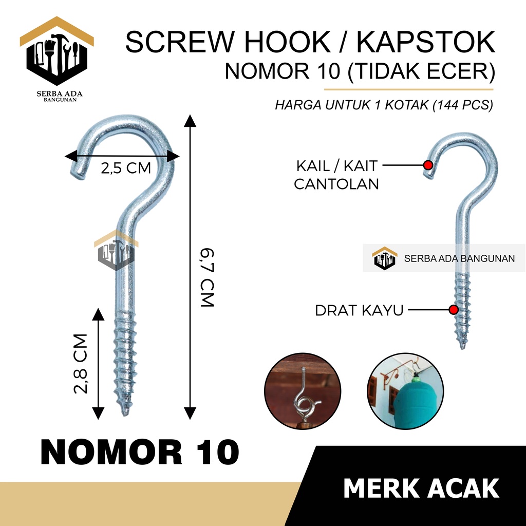 Kapstok Buka No.10 - 1 kotak isi ±144pcs | Baut Gantung Besi | Gantungan Burung | Hook Skrup | Sekrup Tanda Tanya