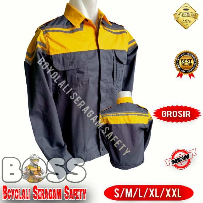 BAJU SERAGAM KERJA SAFETY KOMBINASI KUNING ABU FREE LOGO K3 BENDERA
